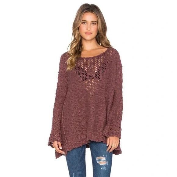 Free People Women Mauve Sheer Front Chunky Knit Pretty Pointelle Vee Sweater Sma - Picture 1 of 9